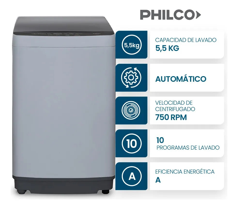 Lavarropas Automático Carga Superior Philco 5.5 Kg 750 Rpm Gris